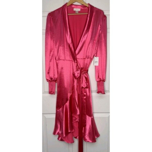Rachel Parcell Womens XXL Hot Pink Satin Wrap Midi Dress NWT Barbie Cocktail - Picture 1 of 11